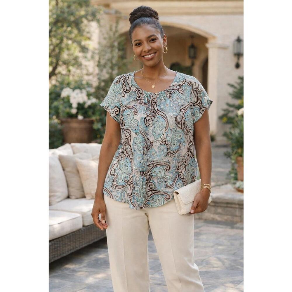 Liz Claiborne Women's Paisley Peplum Aqua Gray White Feminine Top Back Zip , 1X